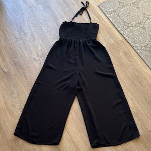 Mu Mu  Black Smocked Halter Wide-Leg Jumpsuit